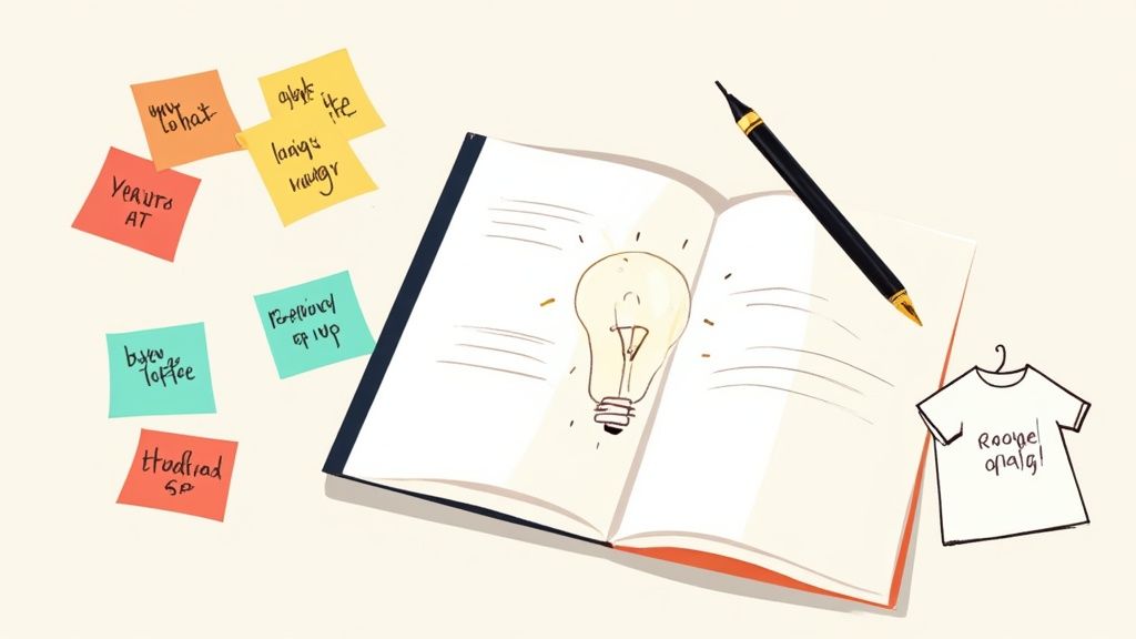 A woman laughing while looking at her laptop, brainstorming funny mom shirt ideas.