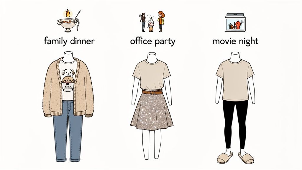 Three casual and semi-formal outfit ideas for different occasions like family dinner, office party, and movie night.