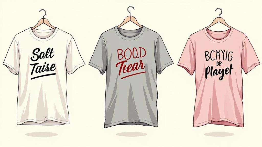 Three t-shirts in off-white, grey, and pink, displaying funny, nonsensical slogans.