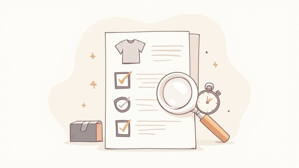 A checklist document showing a t-shirt item, checkmarks, a magnifying glass, and a stopwatch, next to a box.