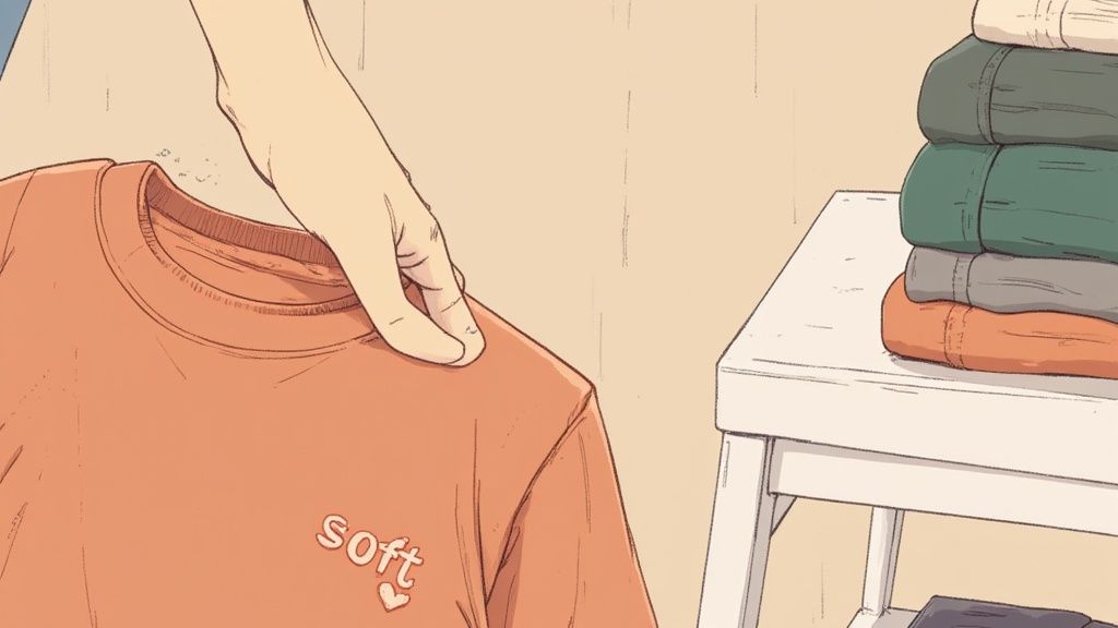 Hand touching soft fabric of coral t-shirt with word 'soft' printed on chest