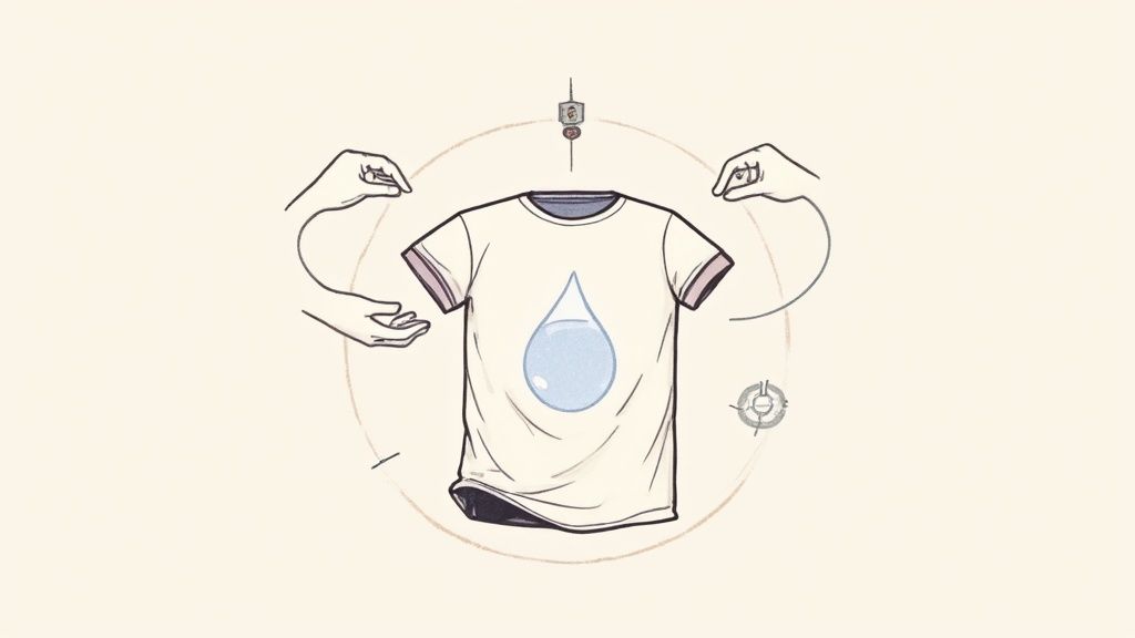 A person holding a stack of neatly folded graphic t-shirts.