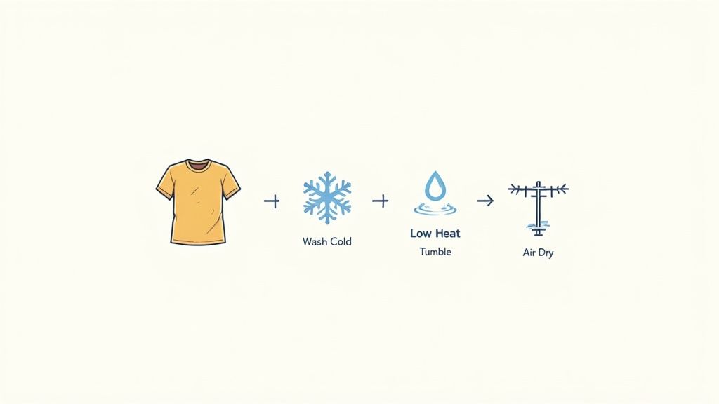 Illustration showing laundry care instructions for a yellow t-shirt: wash cold, low heat tumble, and air dry.