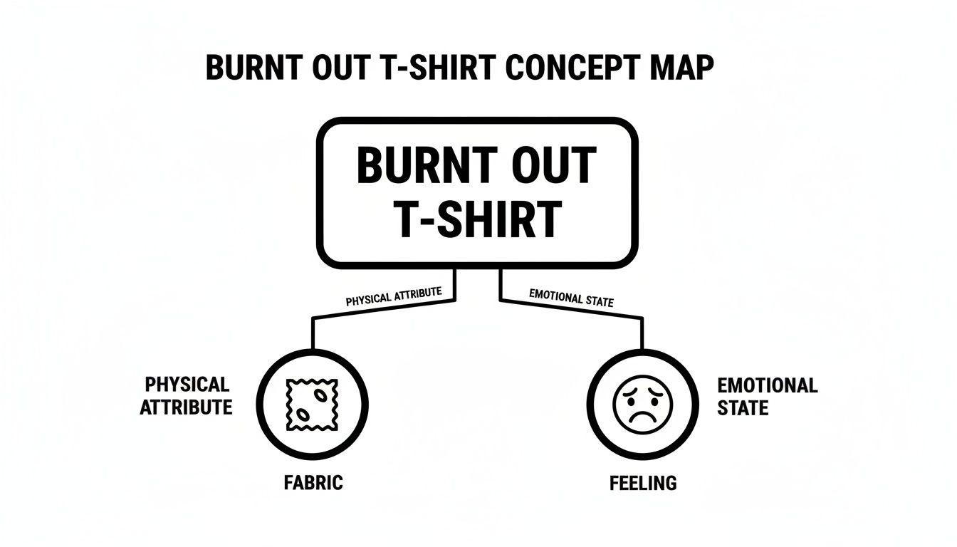 A concept map showing 'Burnt Out T-Shirt' broken down into physical attributes (fabric) and emotional state (feeling).