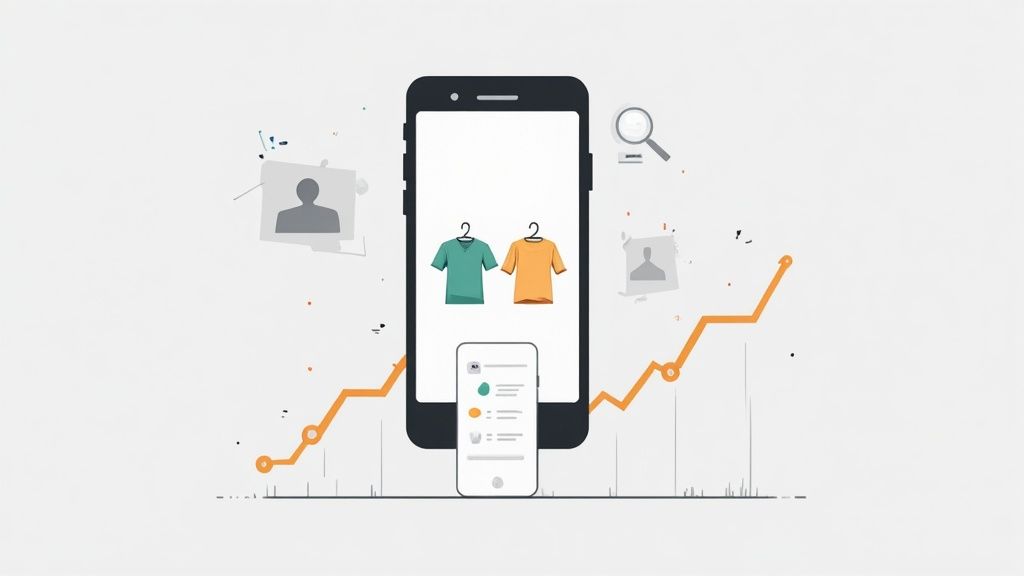 A smartphone displays clothing and app data, with a rising graph, symbolizing market growth or e-commerce analytics.
