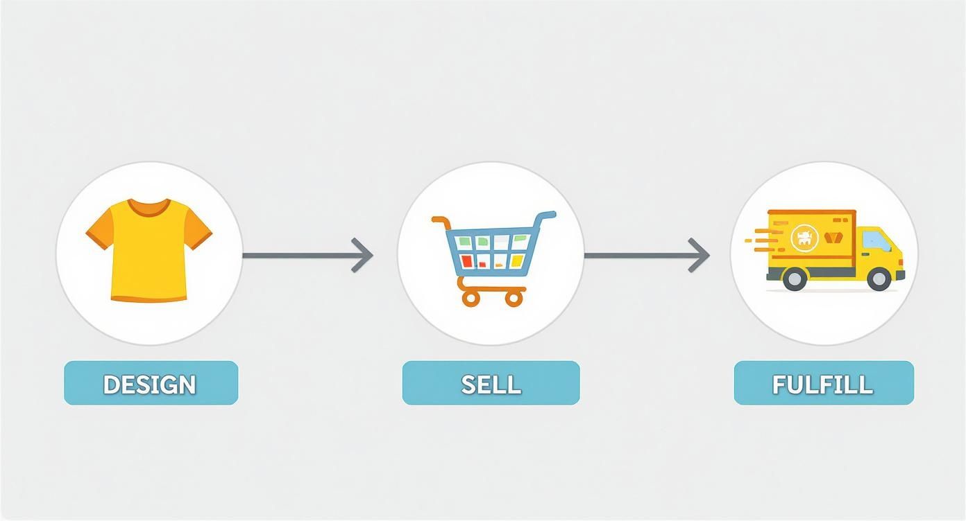 A graphic illustrating the three steps of a print-on-demand business: design, sell, fulfill.