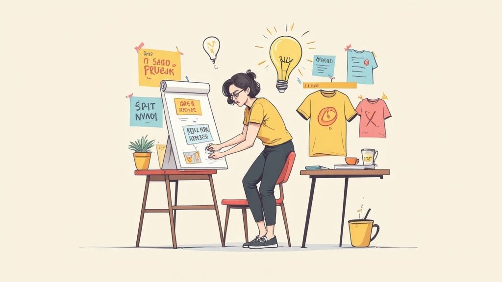 A designer drawing on an easel, surrounded by sticky notes, lightbulbs, and t-shirt concepts, illustrating creative work.