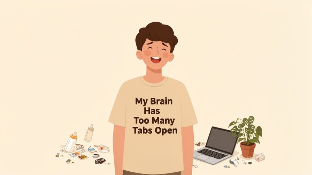 Smiling cartoon man in 'My Brain Has Too Many Tabs Open' t-shirt, surrounded by clutter.