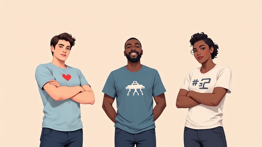 Three diverse young people wearing casual geek-themed t-shirts with tech and pop culture graphics