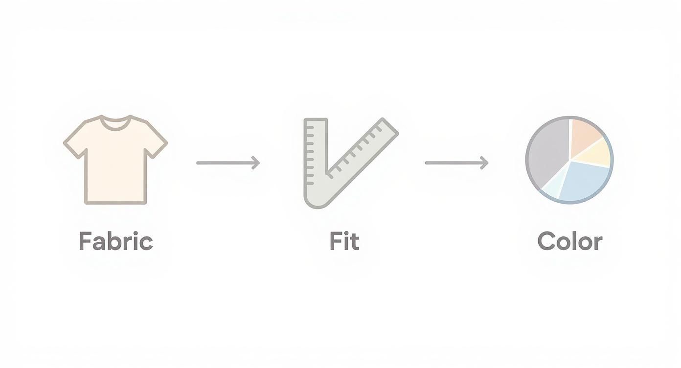 Three step process showing fabric selection, fit measurement, and color choice for custom shirts