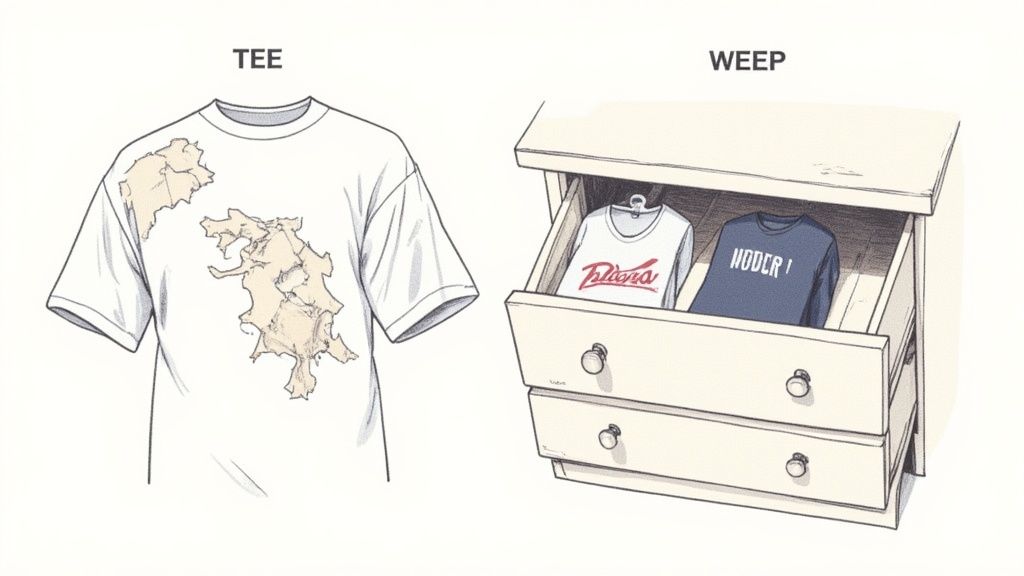 A cartoon shows a white t-shirt with brown, peeling patches labeled 'TEE' and a dresser with shirts labeled 'WEEP'.