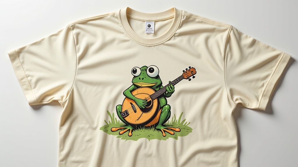 Cream colored t-shirt featuring cartoon frog with large eyes playing acoustic guitar on grass