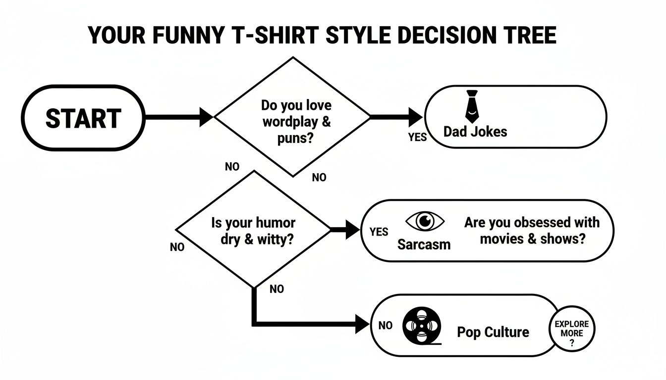 Funny t-shirt style decision tree flowchart guiding humor choices like dad jokes, sarcasm, and pop culture.