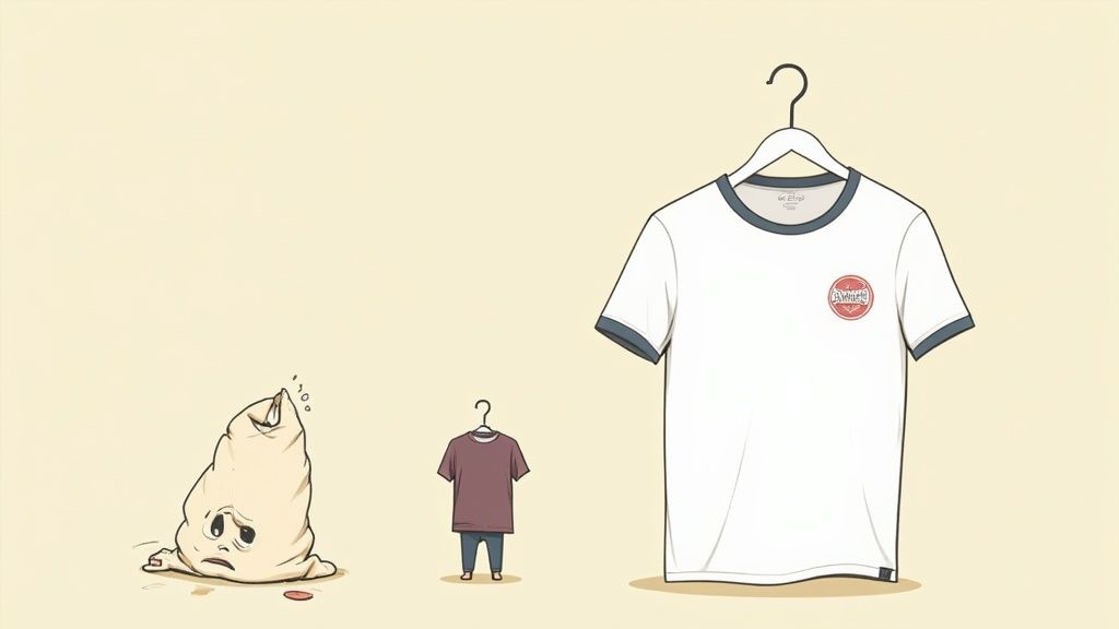 A large white t-shirt, a shrunken maroon t-shirt, and a sad pile of fabric demonstrate cotton shrinking.