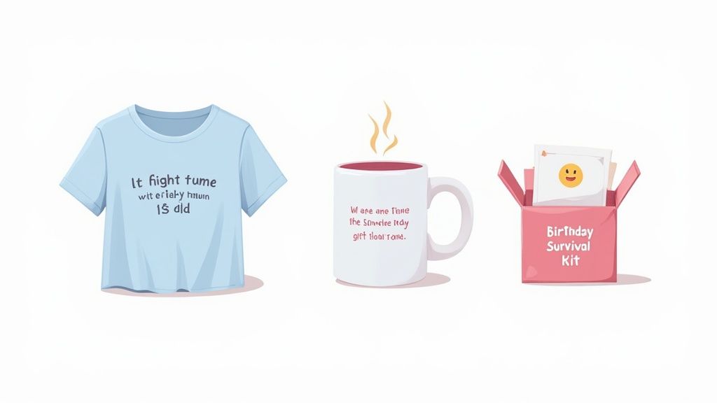 Three funny birthday gift ideas: a t-shirt, a hot beverage mug, and a 'Birthday Survival Kit' box.
