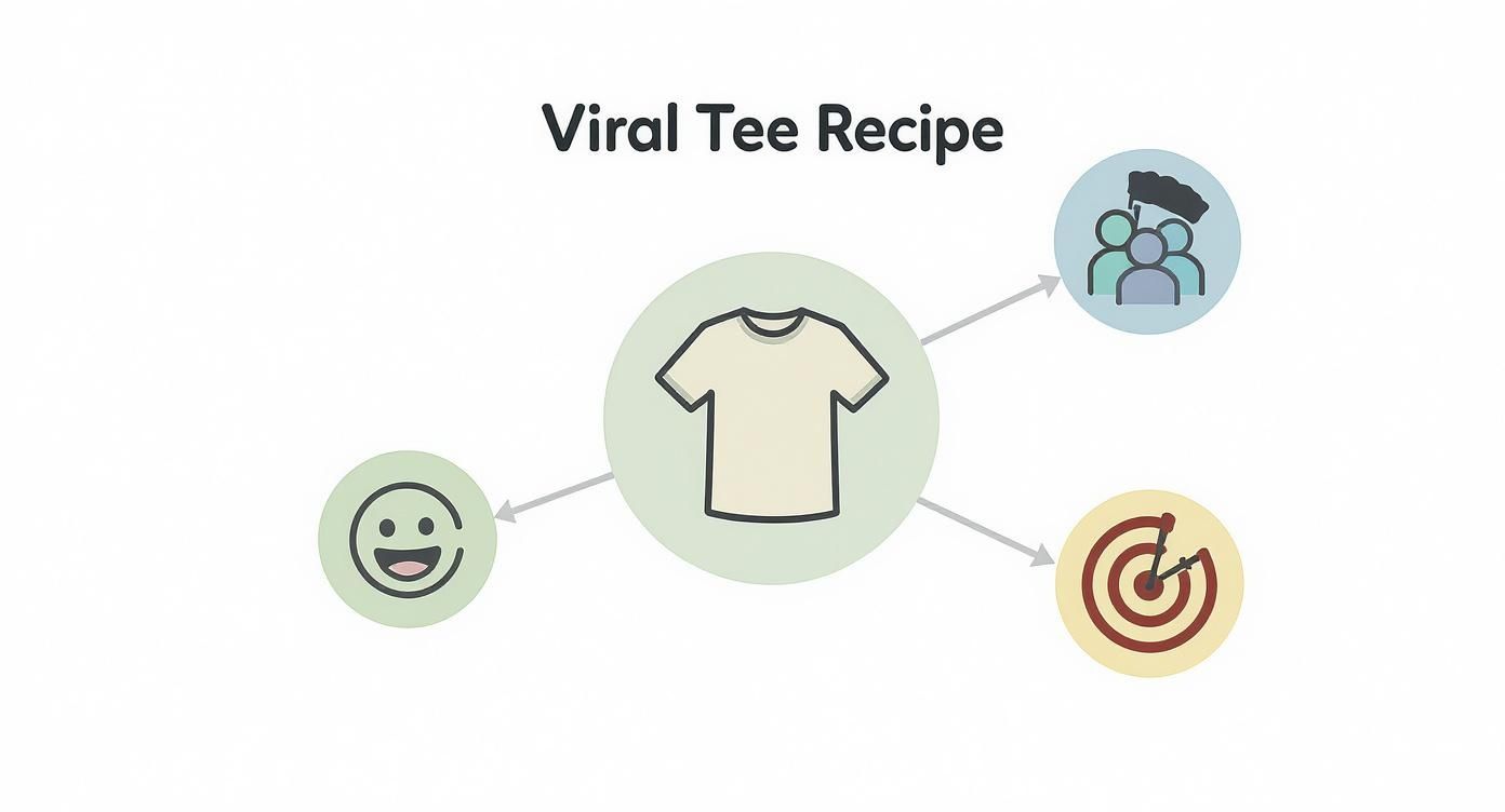 Infographic titled 'Viral Tee Recipe' showing a t-shirt, happy face, group of people, and a target.