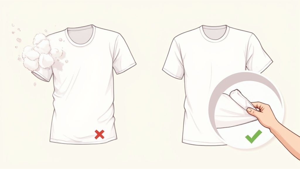 Illustration comparing a pilled white t-shirt (undesirable) with a smooth, well-maintained one (desirable).