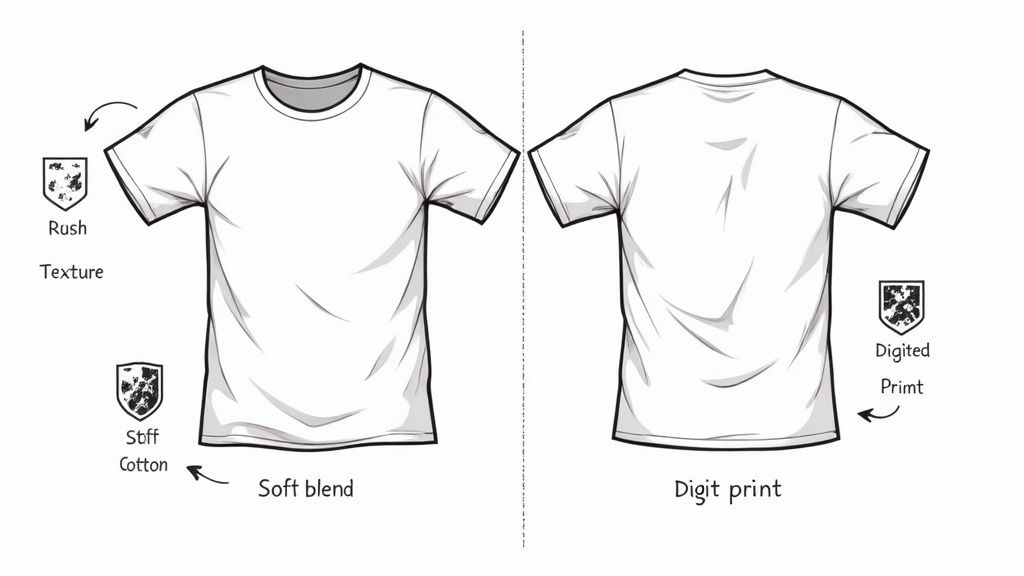 Front and back views of a plain white t-shirt illustrating different fabric textures like rush, stiff cotton, and soft blend, along with digit print options.