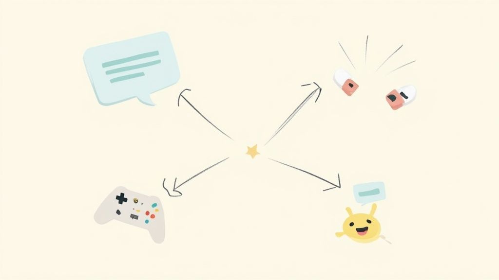 Central star icon connecting to four features: messaging, notifications, gaming controller, and happy character emoji