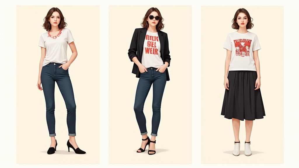 Three women modeling vintage graphic t-shirts styled with jeans, blazer, and midi skirt outfits