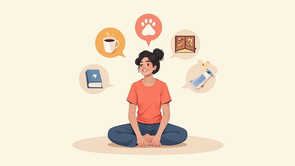 A woman meditates, surrounded by thought bubbles representing her varied interests: coffee, pets, books, games, and personal care.