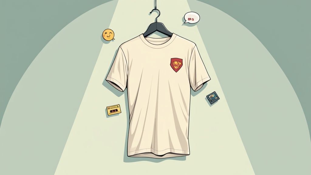 A cream-colored t-shirt with a red shield emblem featuring a fist hangs, surrounded by nostalgic items.