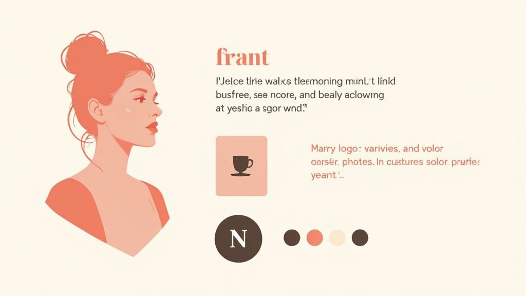 Stylized profile of a woman with a bun, accompanied by text, a coffee cup icon, and color swatches.