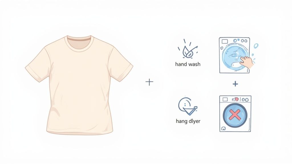 Beige t-shirt with care instructions showing hand wash and hang dry, avoid machine dryer