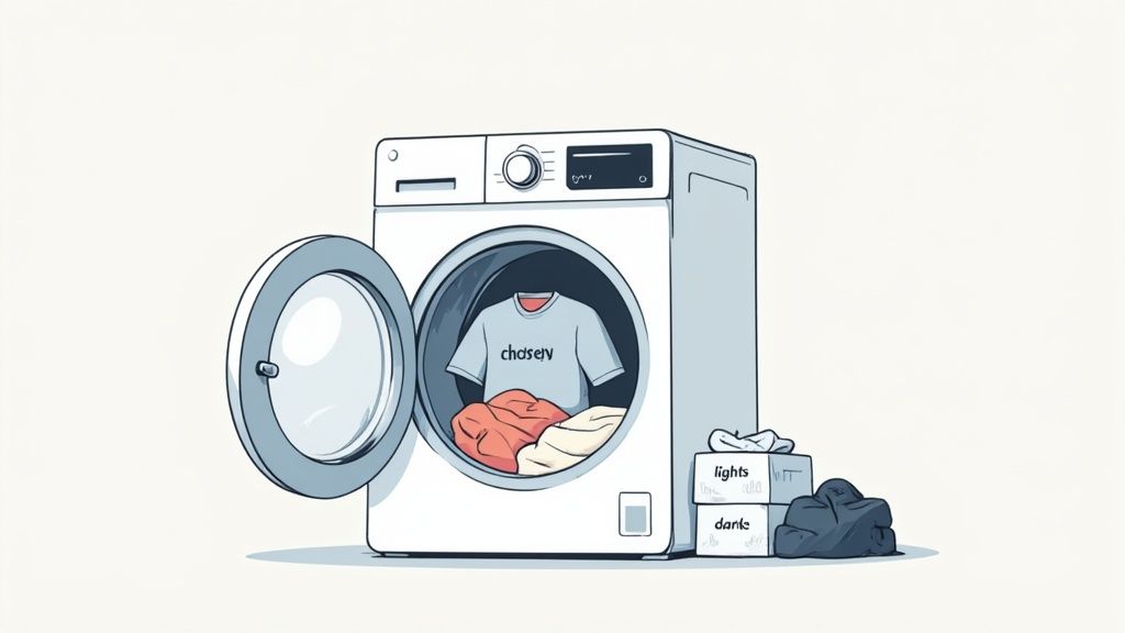 A person sorting colorful laundry into piles on the floor next to a washing machine.