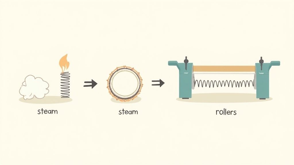 Illustration depicting steam heating a spring, then passing through a steam drum, and finally stretched by rollers.