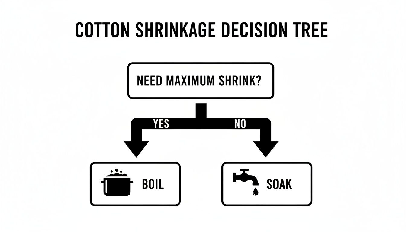 A cotton shrinkage decision tree illustrating to boil for maximum shrink or soak for less.