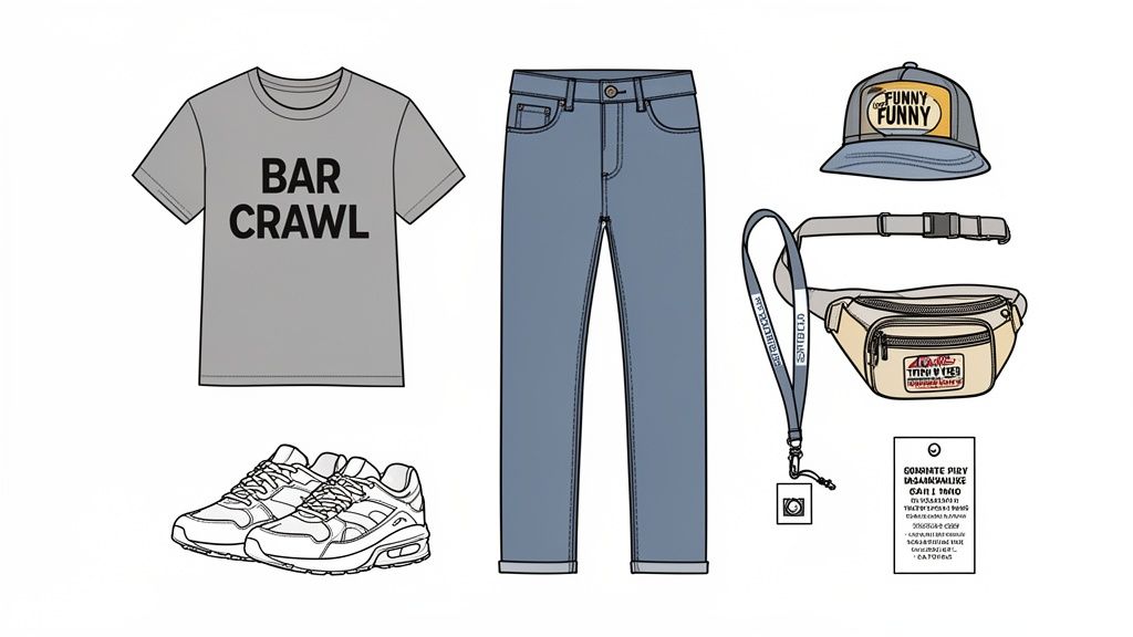 Flat lay of a bar crawl outfit including a t-shirt, jeans, sneakers, cap, and fanny pack.