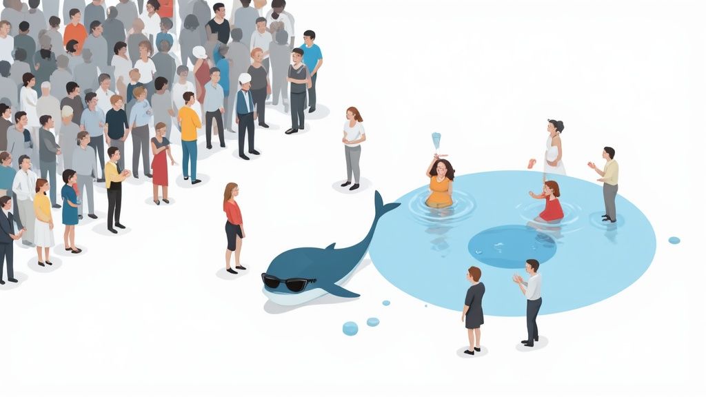 A diverse crowd observes a smaller, engaged group interacting with a whale in a water pool.