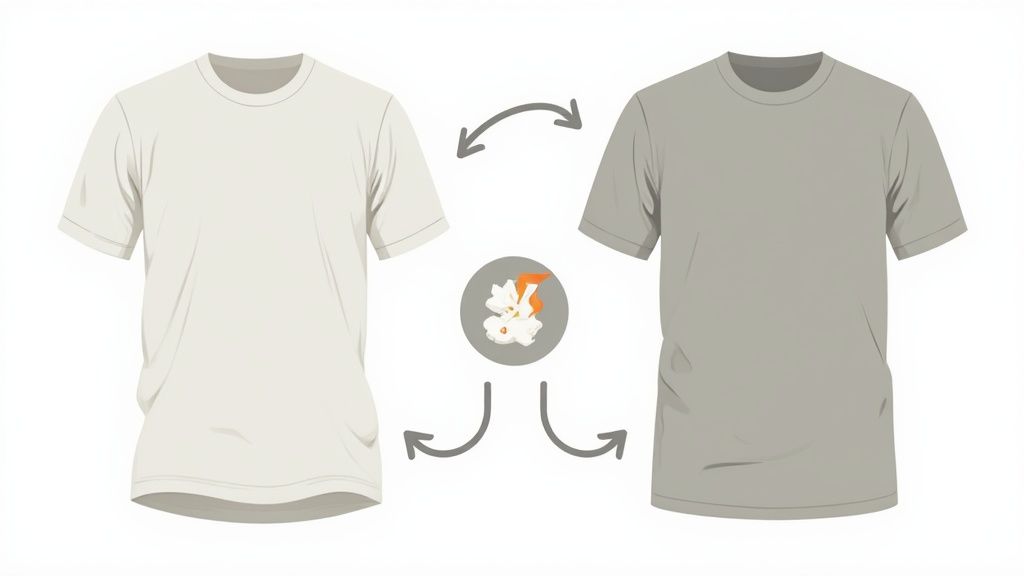 Illustration shows a light shirt turning into a darker, smaller shirt with a burning cotton icon.