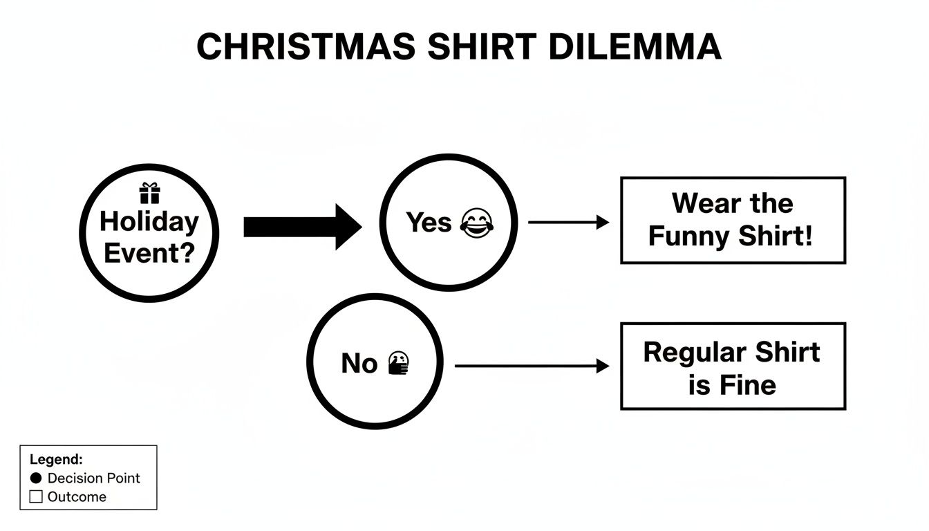 A flowchart diagramming the 'Christmas Shirt Dilemma', guiding the decision to wear a funny or regular shirt.