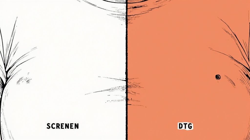 A split image comparing SCRENEN and DTG printing methods on white and orange textured surfaces.