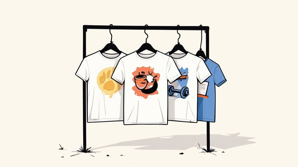 Four graphic t-shirts featuring unique designs like a paw print, coffee, and dumbbells, hanging on a clothing rack.