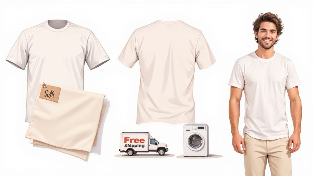 Plain white t-shirt, soft fabric, smiling man, free shipping truck, and washing machine.