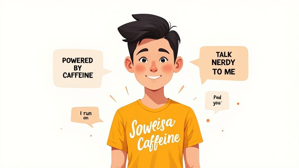 Animated boy in yellow t-shirt with 'Soweisa Caffeine' and speech bubbles about caffeine.