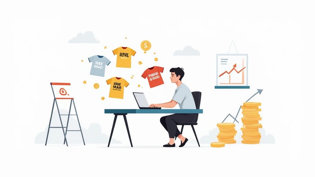 A person working on a laptop with a focused expression, surrounded by creative design elements and t-shirts.