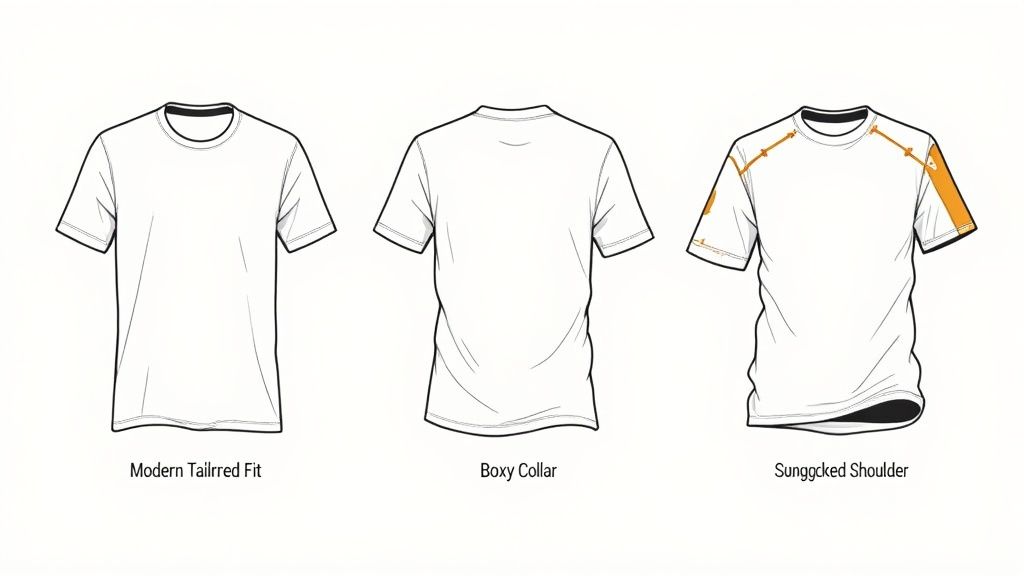 Three white t-shirt designs showcasing a modern tailored fit, a boxy collar, and sunggcked shoulder details.