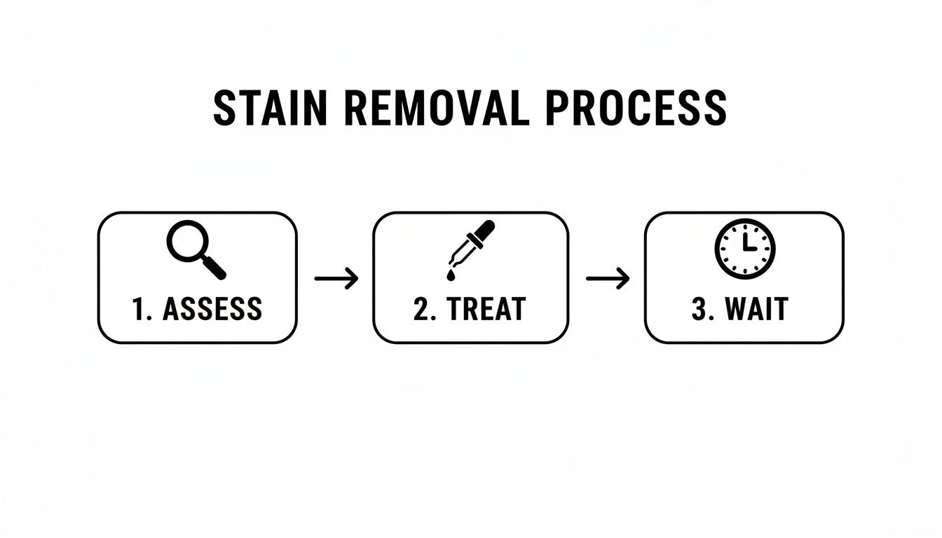 Flowchart illustrating a three-step stain removal process: 1. Assess, 2. Treat, 3. Wait.