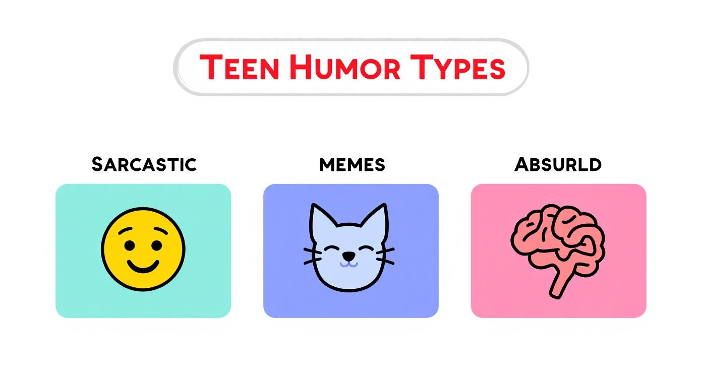 An infographic showing three popular teen humor types: Sarcastic, Memes, and Absurd, each with a corresponding icon.