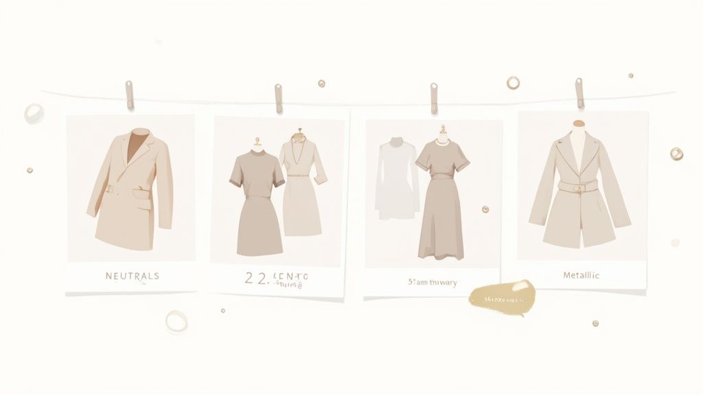 Illustrative display of neutral and metallic clothing items, ideal for a versatile capsule wardrobe.