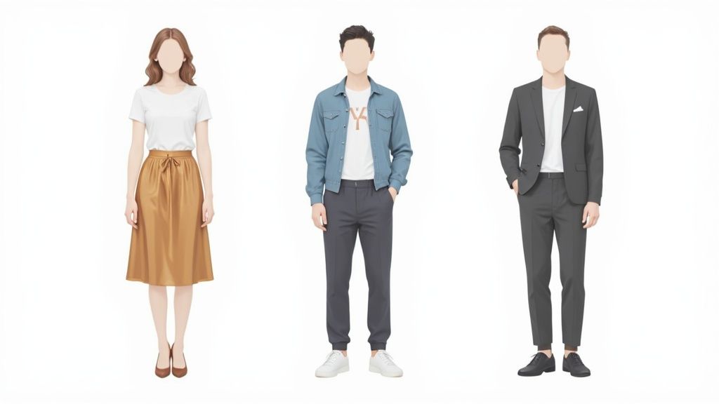 A smiling woman with long brown hair wearing a white graphic tee and a tan jacket, looking stylish and confident.