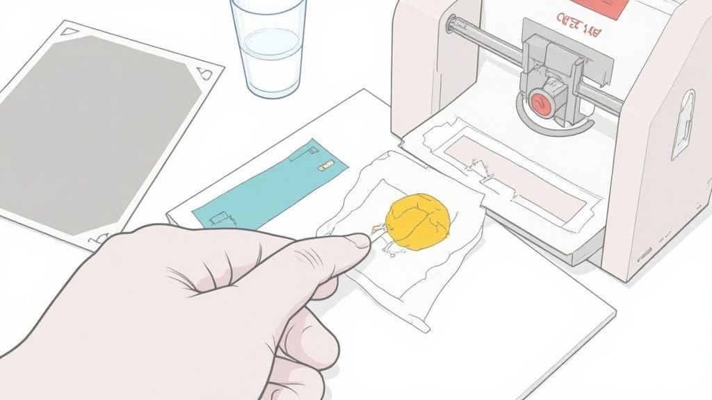 A person applying a heat transfer vinyl design to a t-shirt with a heat press.