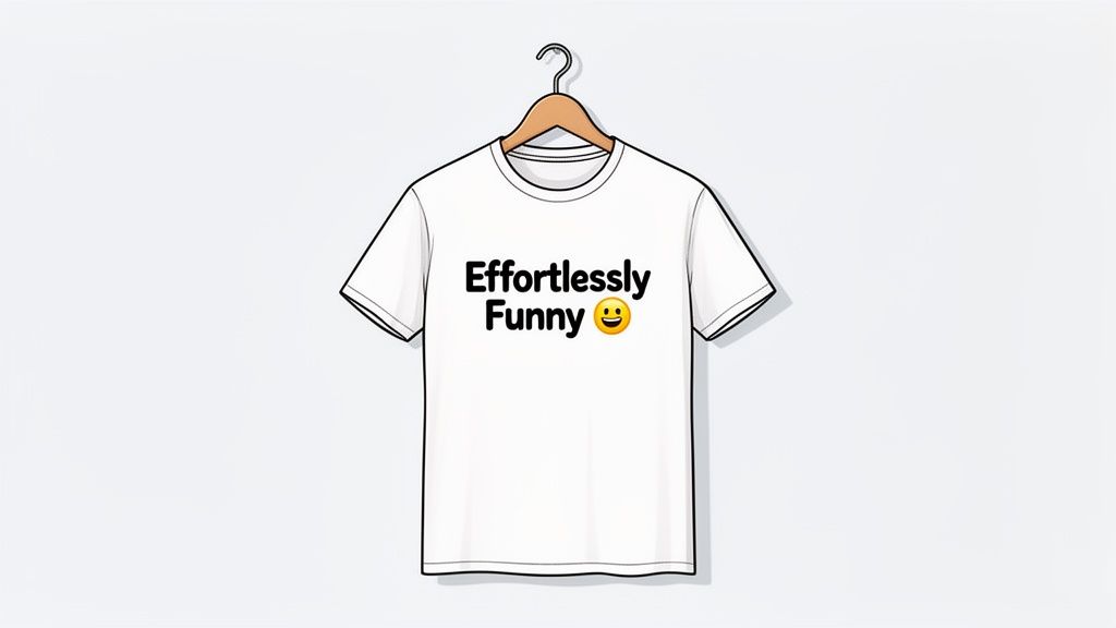 A white t-shirt hanging on a wooden hanger, featuring 'Effortlessly Funny' text and a smiling emoji.