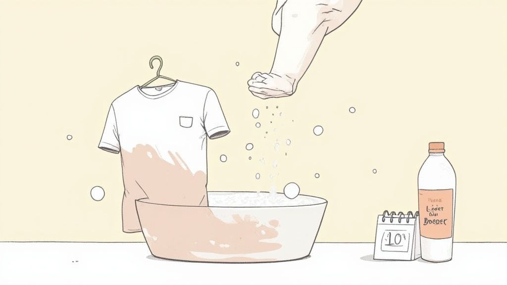 A hand sprinkles powder into a bowl of water where a brown-stained white t-shirt is soaking.