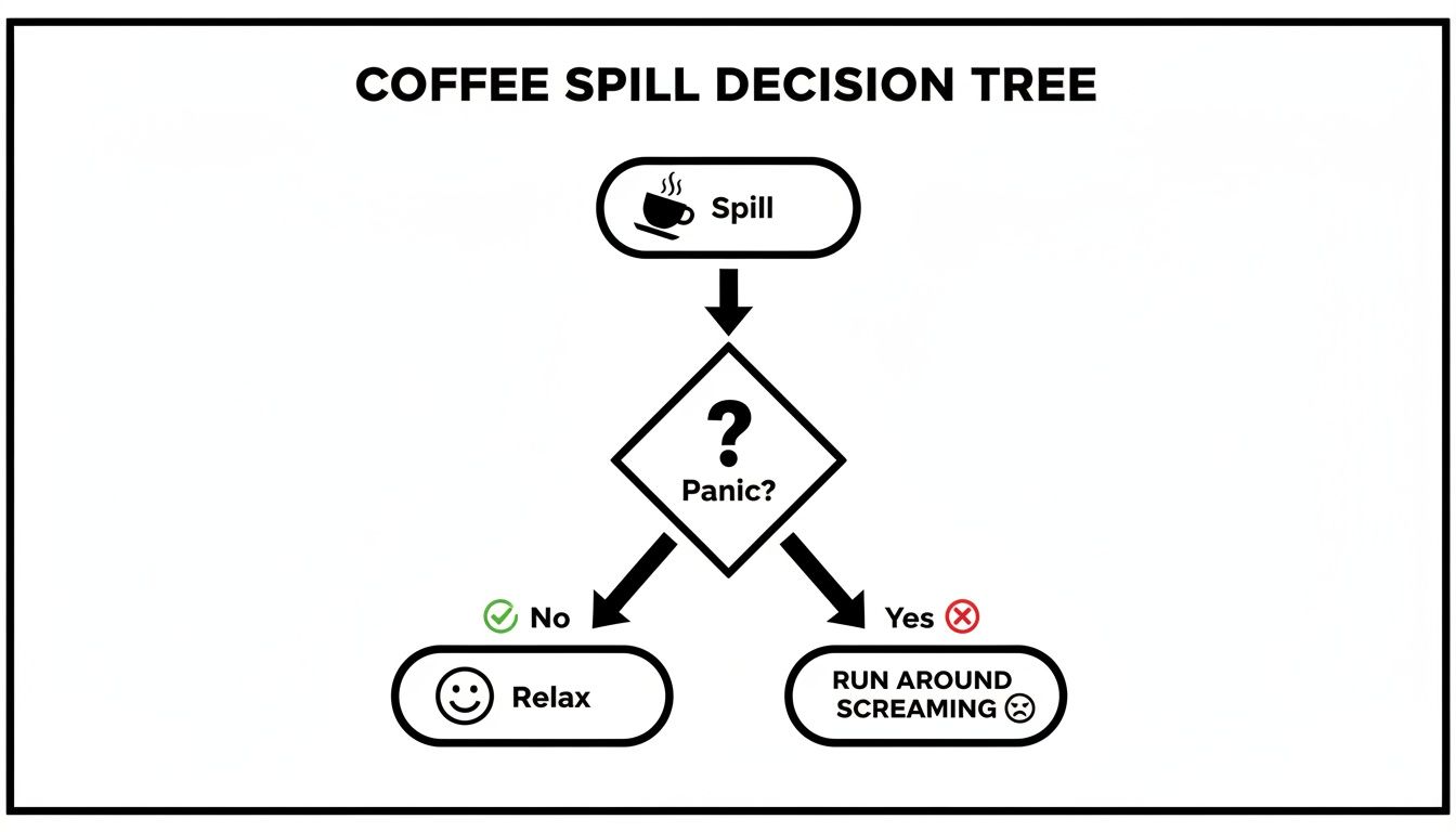 A humorous flowchart titled 'Coffee Spill Decision Tree' showing steps: Spill, Panic?, Relax, or Run Around Screaming.