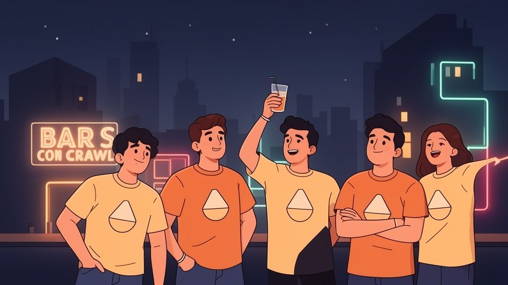 A group of friends in custom logo t-shirts enjoying a night out at a bar crawl.
